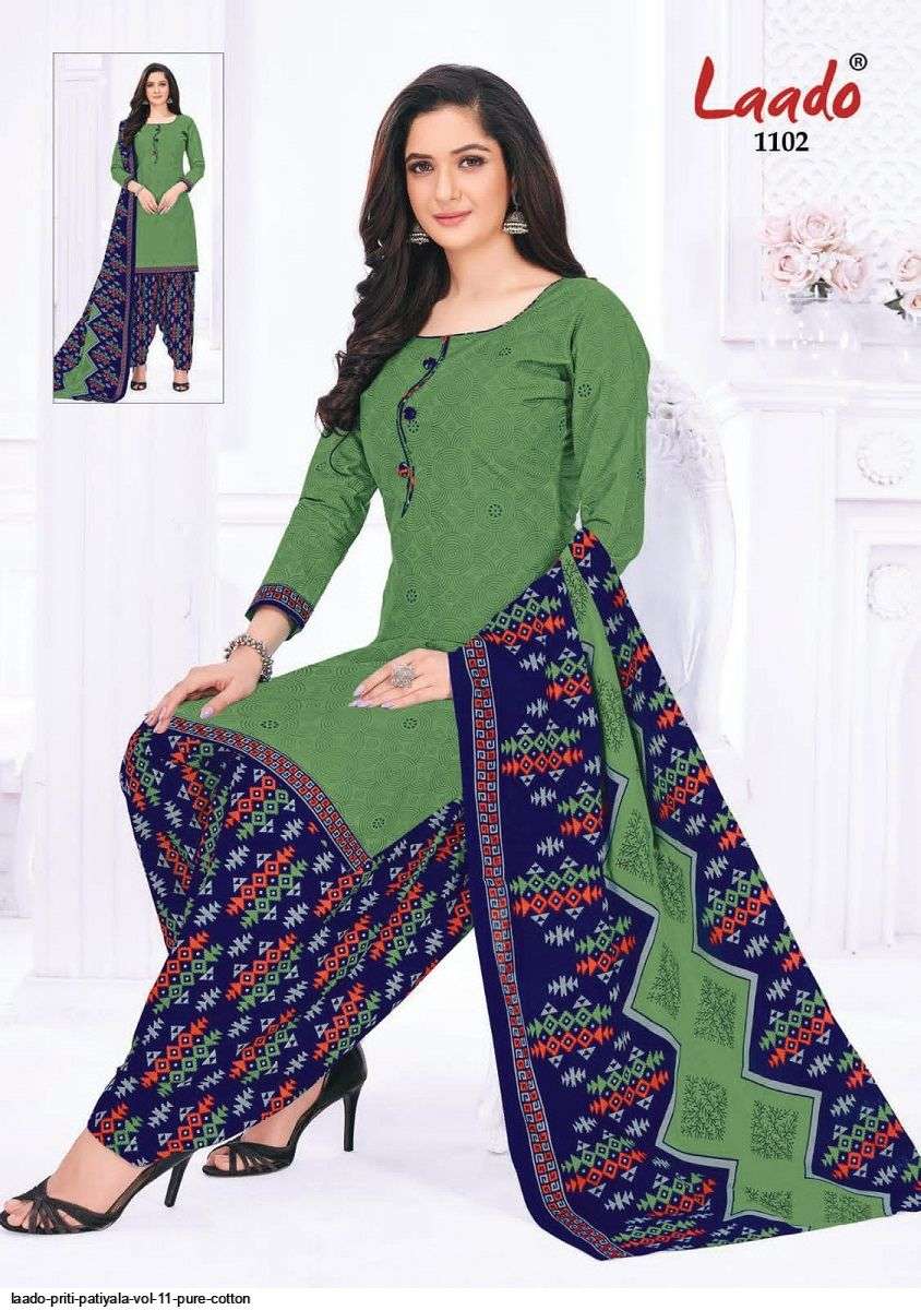 PRITI PATIALA VOL-11 BY LAADO 1101 TO 1120 SERIES BEAUTIFUL SUITS STYLISH FANCY COLORFUL PARTY WEAR & OCCASIONAL WEAR COTTON PRINTED DRESSES AT WHOLESALE PRICE