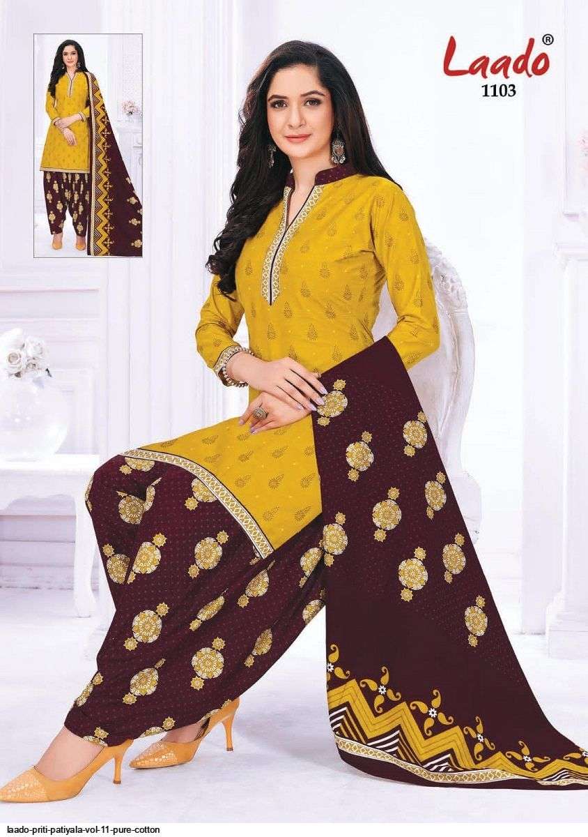 PRITI PATIALA VOL-11 BY LAADO 1101 TO 1120 SERIES BEAUTIFUL SUITS STYLISH FANCY COLORFUL PARTY WEAR & OCCASIONAL WEAR COTTON PRINTED DRESSES AT WHOLESALE PRICE