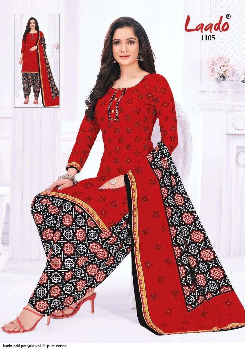 PRITI PATIALA VOL-11 BY LAADO 1101 TO 1120 SERIES BEAUTIFUL SUITS STYLISH FANCY COLORFUL PARTY WEAR & OCCASIONAL WEAR COTTON PRINTED DRESSES AT WHOLESALE PRICE