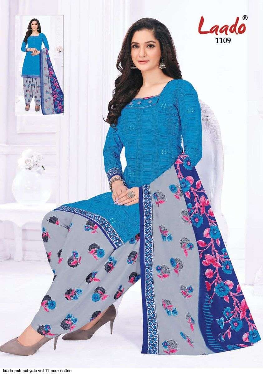 PRITI PATIALA VOL-11 BY LAADO 1101 TO 1120 SERIES BEAUTIFUL SUITS STYLISH FANCY COLORFUL PARTY WEAR & OCCASIONAL WEAR COTTON PRINTED DRESSES AT WHOLESALE PRICE