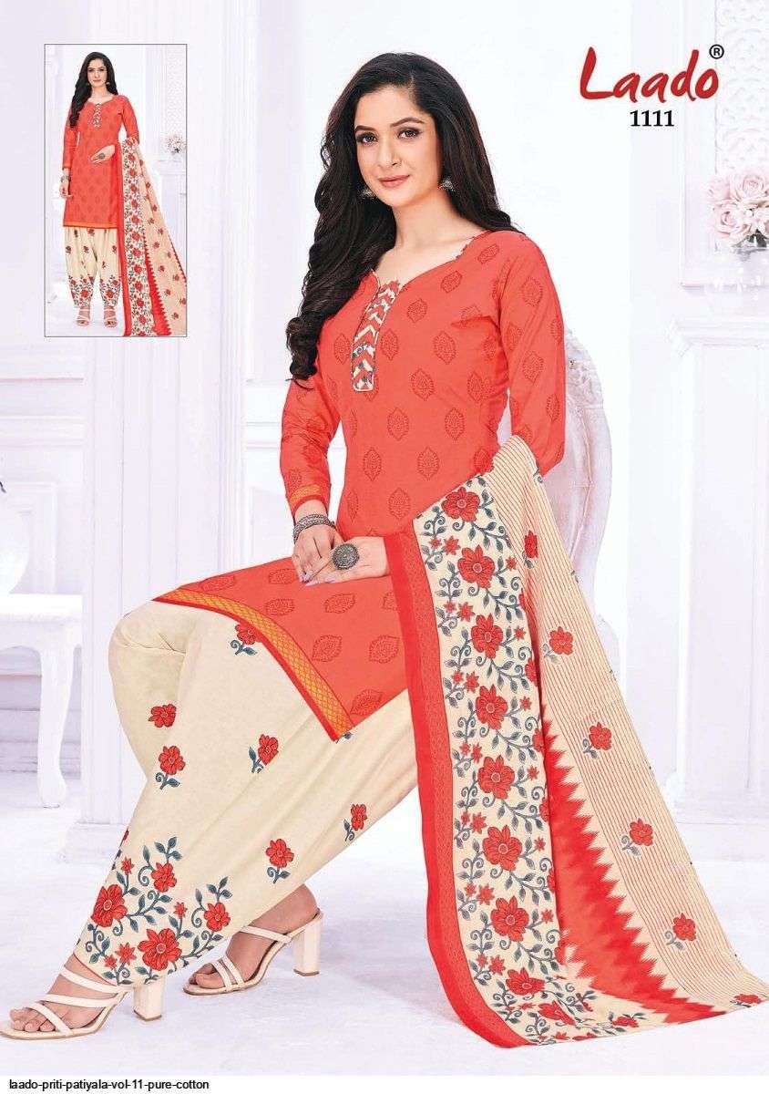 PRITI PATIALA VOL-11 BY LAADO 1101 TO 1120 SERIES BEAUTIFUL SUITS STYLISH FANCY COLORFUL PARTY WEAR & OCCASIONAL WEAR COTTON PRINTED DRESSES AT WHOLESALE PRICE