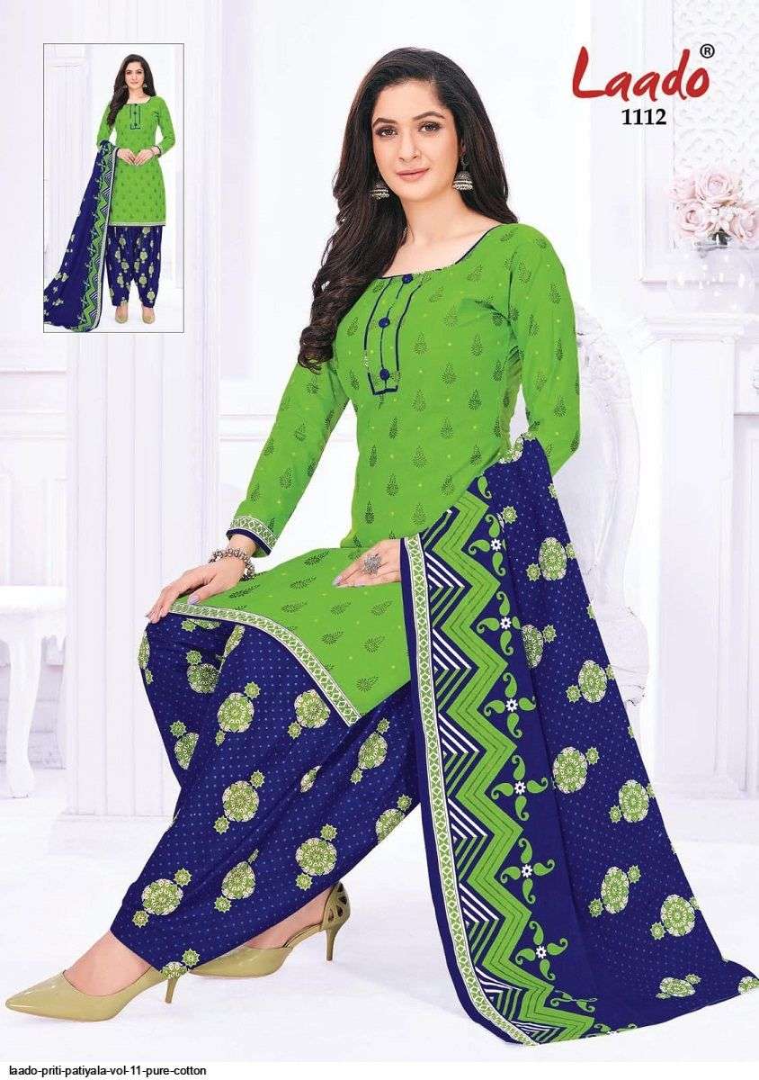 PRITI PATIALA VOL-11 BY LAADO 1101 TO 1120 SERIES BEAUTIFUL SUITS STYLISH FANCY COLORFUL PARTY WEAR & OCCASIONAL WEAR COTTON PRINTED DRESSES AT WHOLESALE PRICE