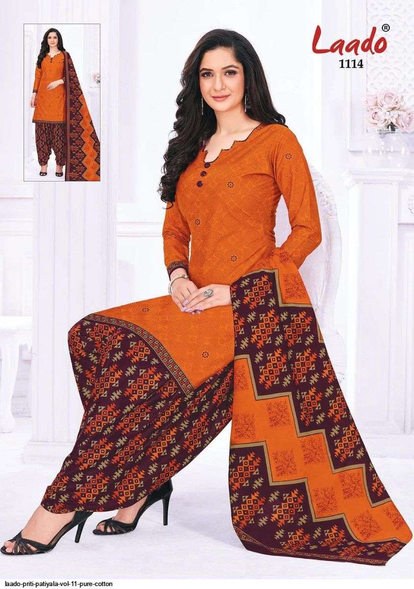 PRITI PATIALA VOL-11 BY LAADO 1101 TO 1120 SERIES BEAUTIFUL SUITS STYLISH FANCY COLORFUL PARTY WEAR & OCCASIONAL WEAR COTTON PRINTED DRESSES AT WHOLESALE PRICE