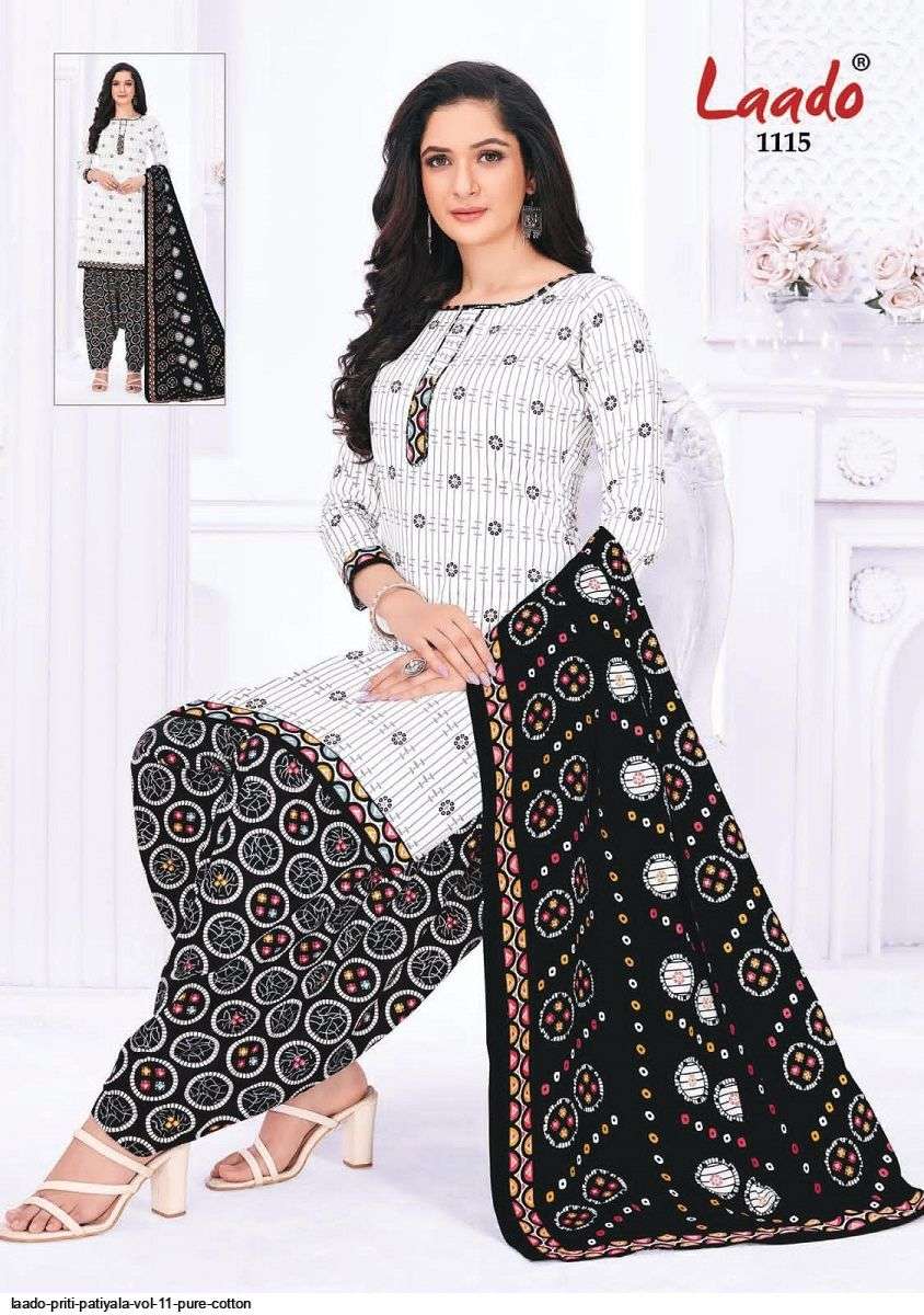 PRITI PATIALA VOL-11 BY LAADO 1101 TO 1120 SERIES BEAUTIFUL SUITS STYLISH FANCY COLORFUL PARTY WEAR & OCCASIONAL WEAR COTTON PRINTED DRESSES AT WHOLESALE PRICE