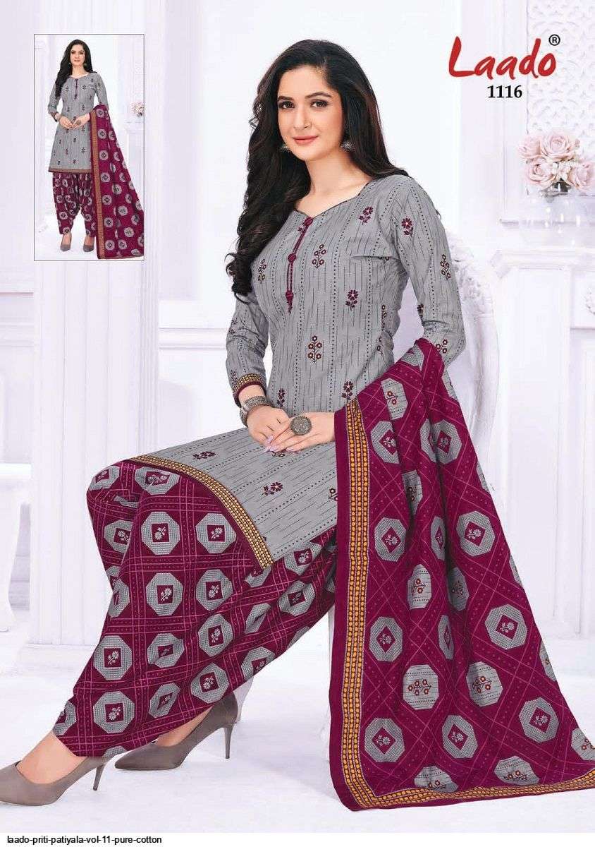 PRITI PATIALA VOL-11 BY LAADO 1101 TO 1120 SERIES BEAUTIFUL SUITS STYLISH FANCY COLORFUL PARTY WEAR & OCCASIONAL WEAR COTTON PRINTED DRESSES AT WHOLESALE PRICE
