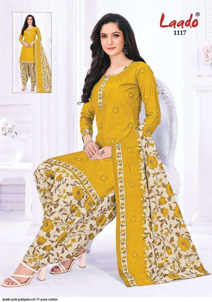 PRITI PATIALA VOL-11 BY LAADO 1101 TO 1120 SERIES BEAUTIFUL SUITS STYLISH FANCY COLORFUL PARTY WEAR & OCCASIONAL WEAR COTTON PRINTED DRESSES AT WHOLESALE PRICE