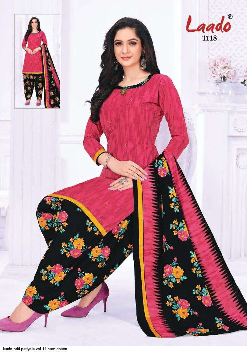 PRITI PATIALA VOL-11 BY LAADO 1101 TO 1120 SERIES BEAUTIFUL SUITS STYLISH FANCY COLORFUL PARTY WEAR & OCCASIONAL WEAR COTTON PRINTED DRESSES AT WHOLESALE PRICE