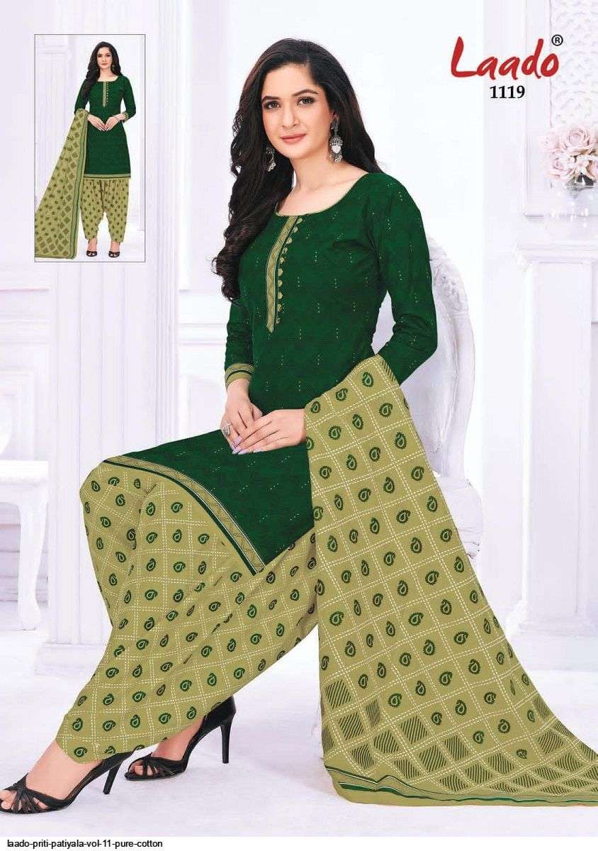 PRITI PATIALA VOL-11 BY LAADO 1101 TO 1120 SERIES BEAUTIFUL SUITS STYLISH FANCY COLORFUL PARTY WEAR & OCCASIONAL WEAR COTTON PRINTED DRESSES AT WHOLESALE PRICE