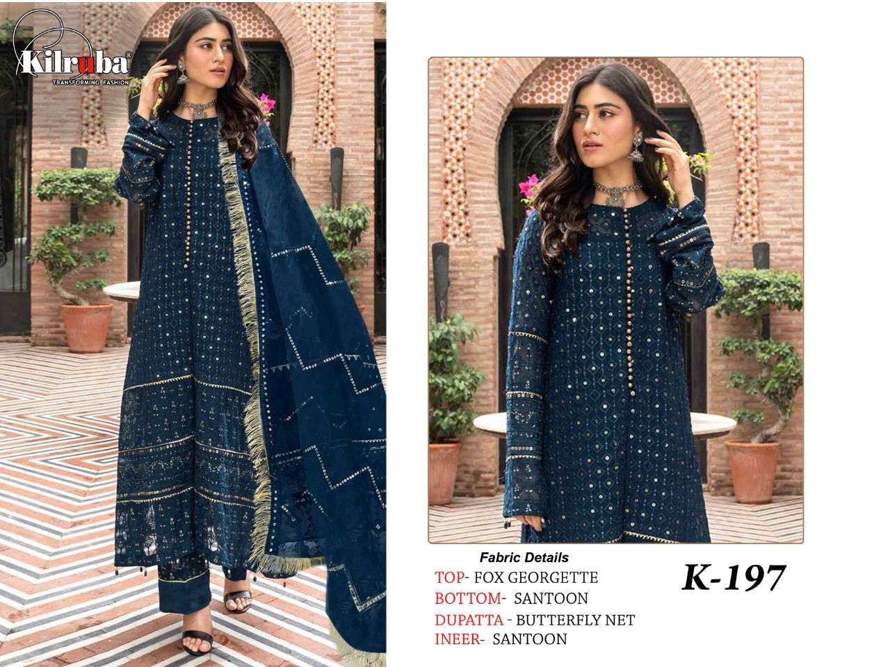 KILRUBA HIT DESIGN K-197 BY KILRUBA DESIGNER FESTIVE PAKISTANI SUITS COLLECTION BEAUTIFUL STYLISH FANCY COLORFUL PARTY WEAR & OCCASIONAL WEAR GEORGETTE EMBROIDERED DRESSES AT WHOLESALE PRICE