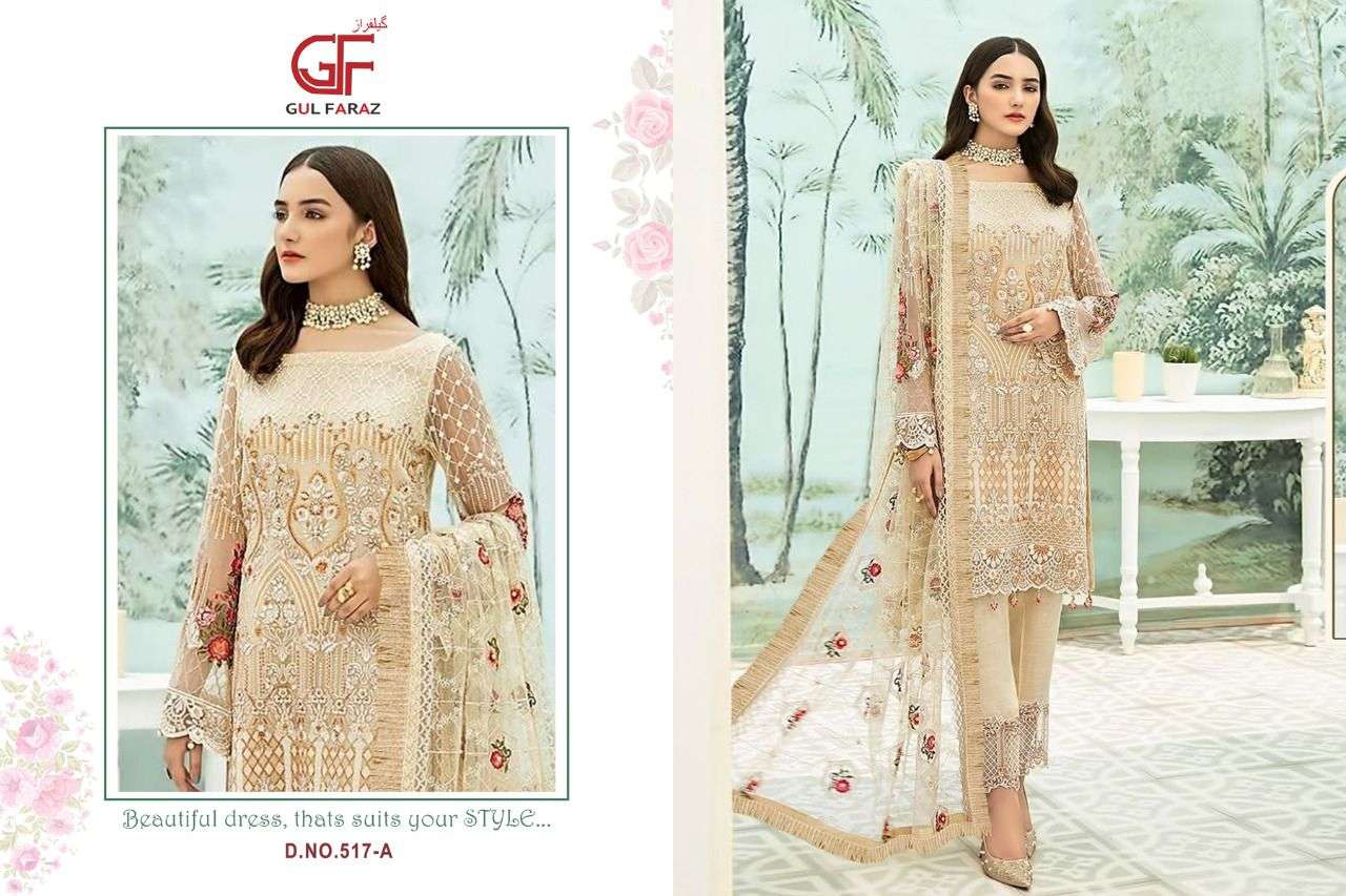 GUL FARAZ 517 COLOURS BY GUL FARAZ 517-A TO 517-D SERIES BEAUTIFUL PAKISTANI SUITS COLORFUL STYLISH FANCY CASUAL WEAR & ETHNIC WEAR GEORGETTE EMBROIDERED DRESSES AT WHOLESALE PRICE
