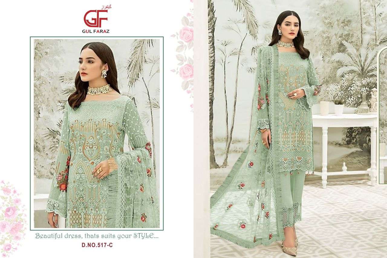 GUL FARAZ 517 COLOURS BY GUL FARAZ 517-A TO 517-D SERIES BEAUTIFUL PAKISTANI SUITS COLORFUL STYLISH FANCY CASUAL WEAR & ETHNIC WEAR GEORGETTE EMBROIDERED DRESSES AT WHOLESALE PRICE
