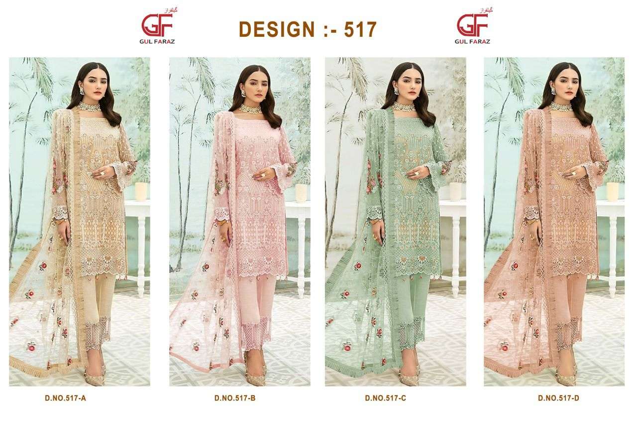 GUL FARAZ 517 COLOURS BY GUL FARAZ 517-A TO 517-D SERIES BEAUTIFUL PAKISTANI SUITS COLORFUL STYLISH FANCY CASUAL WEAR & ETHNIC WEAR GEORGETTE EMBROIDERED DRESSES AT WHOLESALE PRICE