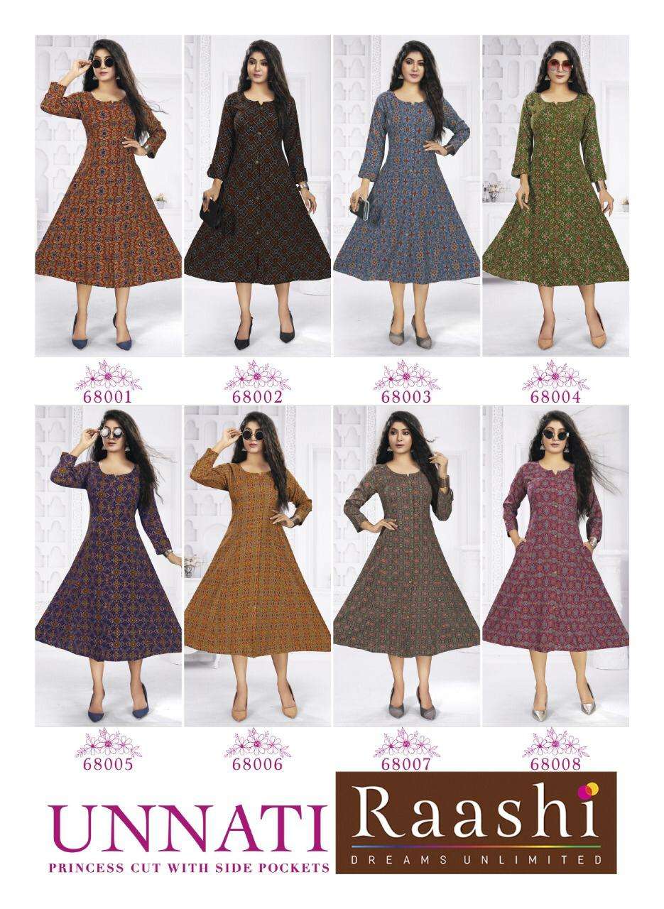 UNNATI BY RAASHI 68001 TO 68008 SERIES DESIGNER STYLISH FANCY COLORFUL BEAUTIFUL PARTY WEAR & ETHNIC WEAR COLLECTION PURE RAYON KURTIS AT WHOLESALE PRICE