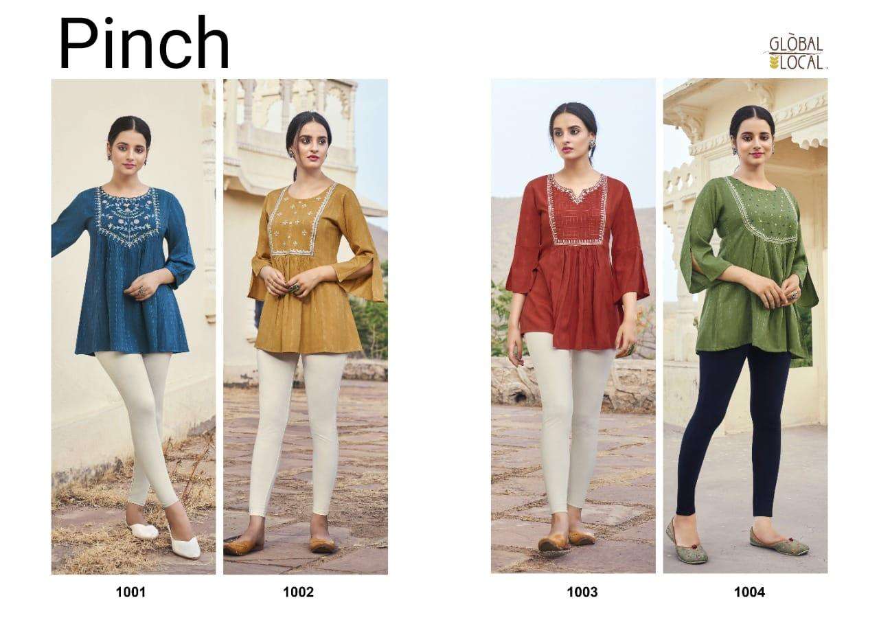 PINCH BY GLOBAL LOCAL 1001 TO 1004 SERIES BEAUTIFUL STYLISH FANCY COLORFUL CASUAL WEAR & ETHNIC WEAR HEAVY RAYON EMBROIDERED TOPS AT WHOLESALE PRICE