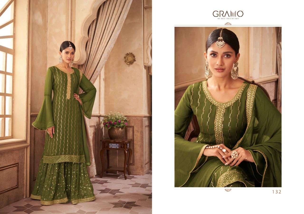 NAVABI VOL-5 BY GRAMO 132 TO 135 SERIES BEAUTIFUL STYLISH SHARARA SUITS FANCY COLORFUL CASUAL WEAR & ETHNIC WEAR & READY TO WEAR HEAVY FAUX GEORGETTE EMBROIDERED DRESSES AT WHOLESALE PRICE