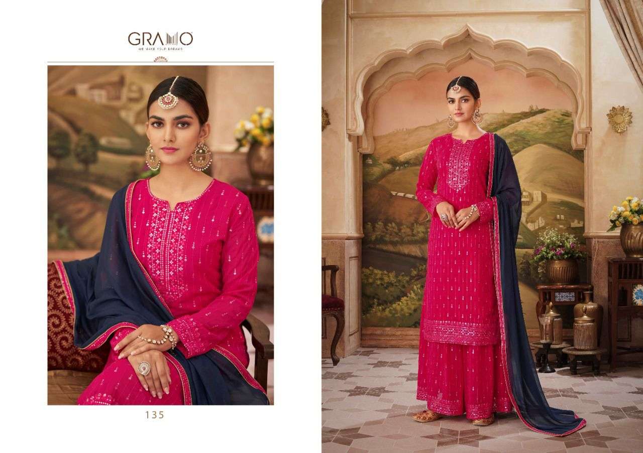 NAVABI VOL-5 BY GRAMO 132 TO 135 SERIES BEAUTIFUL STYLISH SHARARA SUITS FANCY COLORFUL CASUAL WEAR & ETHNIC WEAR & READY TO WEAR HEAVY FAUX GEORGETTE EMBROIDERED DRESSES AT WHOLESALE PRICE