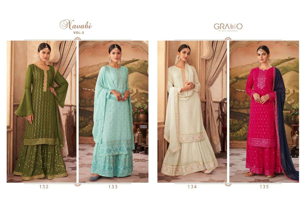 NAVABI VOL-5 BY GRAMO 132 TO 135 SERIES BEAUTIFUL STYLISH SHARARA SUITS FANCY COLORFUL CASUAL WEAR & ETHNIC WEAR & READY TO WEAR HEAVY FAUX GEORGETTE EMBROIDERED DRESSES AT WHOLESALE PRICE