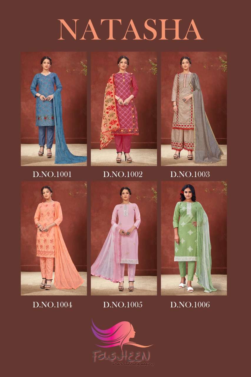NATASHA BY FASHEEN 1001 TO 1006 SERIES BEAUTIFUL SUITS COLORFUL STYLISH FANCY CASUAL WEAR & ETHNIC WEAR COTTON WITH WORK DRESSES AT WHOLESALE PRICE