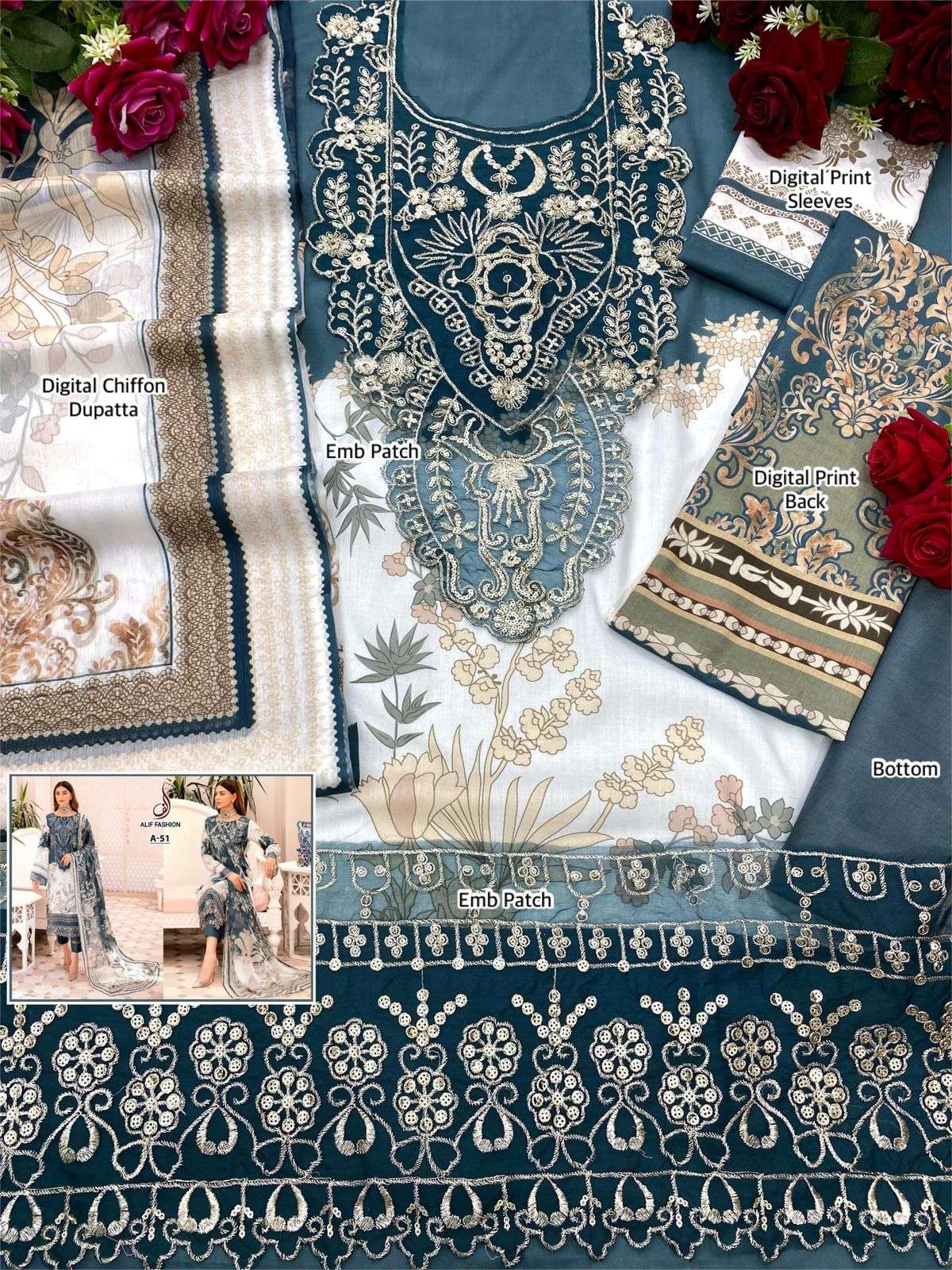 ALIF HIT DESIGN A-51 BY ALIF FASHION PAKISTANI SUITS BEAUTIFUL FANCY COLORFUL STYLISH PARTY WEAR & OCCASIONAL WEAR CAMBRIC PRINT EMBROIDERY DRESSES AT WHOLESALE PRICE
