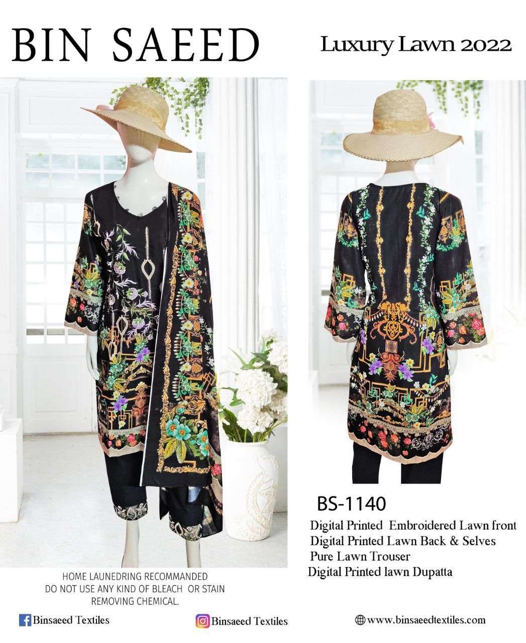 LUXURY LAWN-2022 BY BIN SAEED 1137 TO 1140 SERIES BEAUTIFUL PAKISTANI SUITS COLORFUL STYLISH FANCY CASUAL WEAR & ETHNIC WEAR LAWN DIGITAL PRINT DRESSES AT WHOLESALE PRICE
