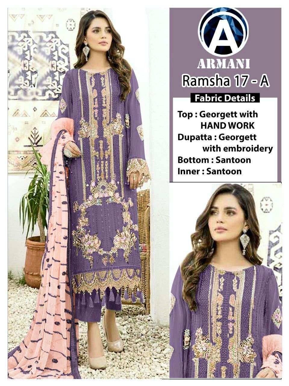 RAMSHA 17 COLOURS BY ARMANI PAKISTANI SUITS BEAUTIFUL FANCY COLORFUL STYLISH PARTY WEAR & OCCASIONAL WEAR GEORGETTE EMBROIDERY DRESSES AT WHOLESALE PRICE