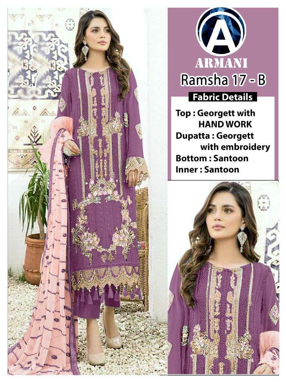 RAMSHA 17 COLOURS BY ARMANI PAKISTANI SUITS BEAUTIFUL FANCY COLORFUL STYLISH PARTY WEAR & OCCASIONAL WEAR GEORGETTE EMBROIDERY DRESSES AT WHOLESALE PRICE