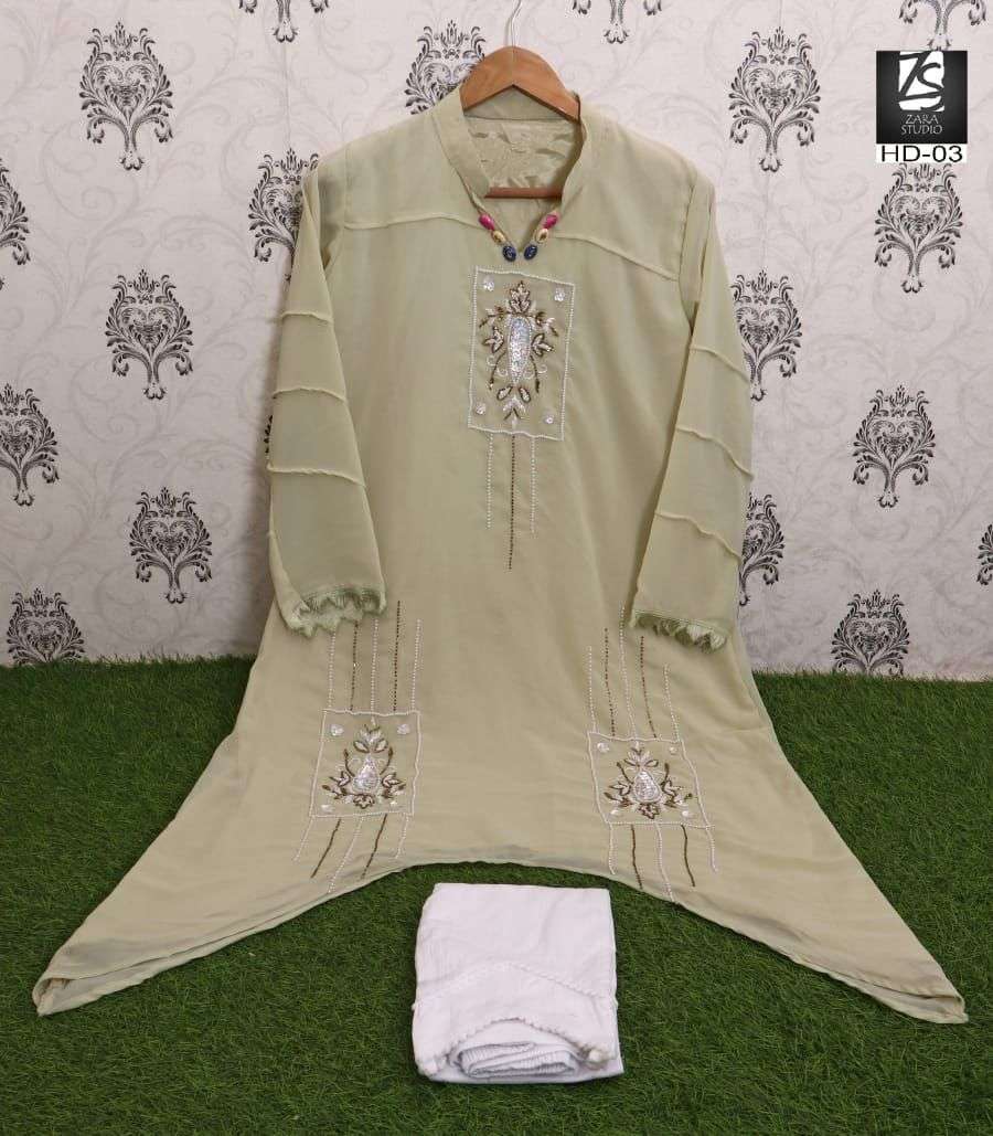 HD-03 COLOURS BY ZS 03-A TO 03-C SERIES DESIGNER STYLISH FANCY COLORFUL BEAUTIFUL PARTY WEAR & ETHNIC WEAR COLLECTION FAUX GEORGETTE KURTIS WITH BOTTOM AT WHOLESALE PRICE