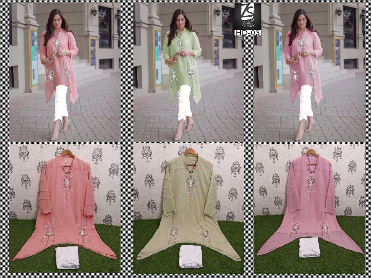 HD-03 COLOURS BY ZS 03-A TO 03-C SERIES DESIGNER STYLISH FANCY COLORFUL BEAUTIFUL PARTY WEAR & ETHNIC WEAR COLLECTION FAUX GEORGETTE KURTIS WITH BOTTOM AT WHOLESALE PRICE