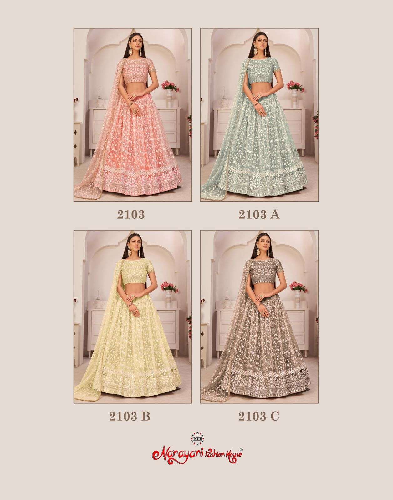 Kelaya 2103 Colours By Narayani Fashion House 2103 To 2103-C Series Indian Traditional Beautiful Stylish Designer Banarasi Silk Jacquard Embroidered Party Wear Mono Net Lehengas At Wholesale Price
