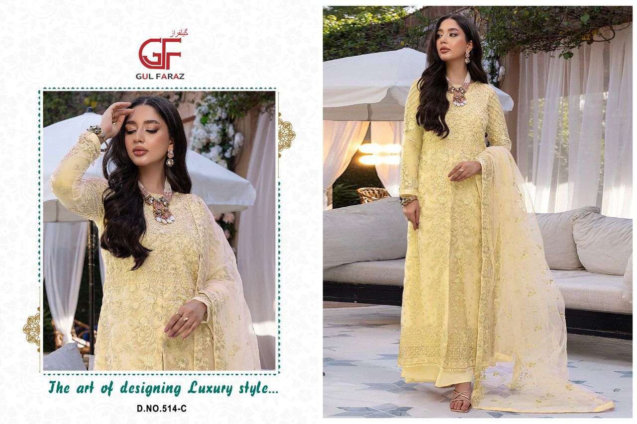 GUL FARAZ 514 COLOURS BY GUL FARAZ 514-A TO 514-D SERIES BEAUTIFUL PAKISTANI SUITS COLORFUL STYLISH FANCY CASUAL WEAR & ETHNIC WEAR NET EMBROIDERED DRESSES AT WHOLESALE PRICE