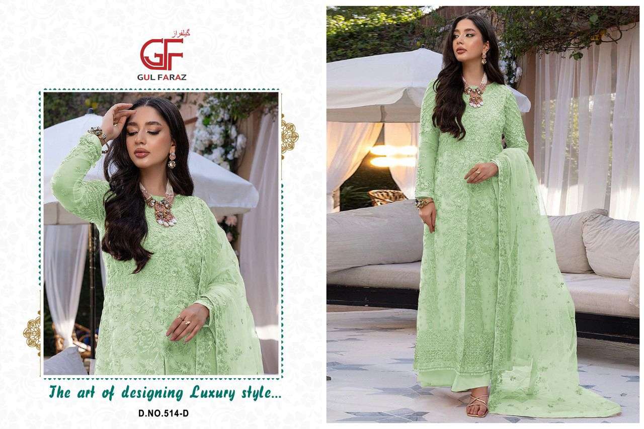GUL FARAZ 514 COLOURS BY GUL FARAZ 514-A TO 514-D SERIES BEAUTIFUL PAKISTANI SUITS COLORFUL STYLISH FANCY CASUAL WEAR & ETHNIC WEAR NET EMBROIDERED DRESSES AT WHOLESALE PRICE
