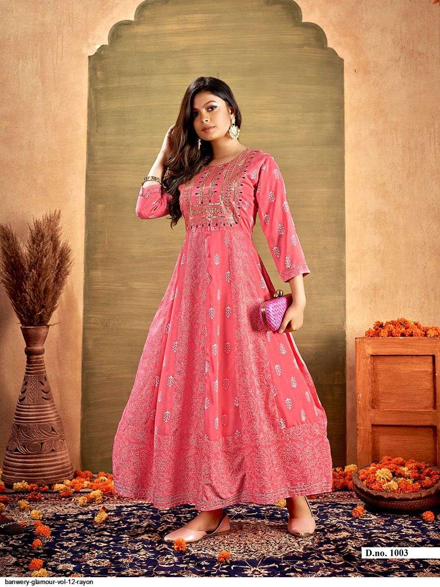 GLAMOUR VOL-12 BY BANWERY FASHION 1001 TO 1004 SERIES BEAUTIFUL STYLISH FANCY COLORFUL CASUAL WEAR & ETHNIC WEAR RAYON GOWNS AT WHOLESALE PRICE
