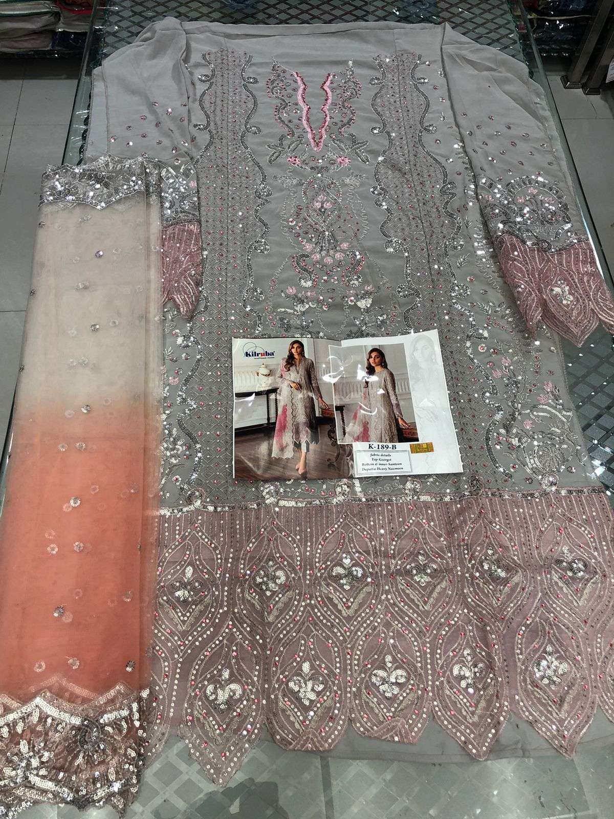 KILRUBA HIT DESIGN K-189 COLOURS BY KILRUBA K-189-B TO K-189-C SERIES DESIGNER FESTIVE PAKISTANI SUITS COLLECTION BEAUTIFUL STYLISH FANCY COLORFUL PARTY WEAR & OCCASIONAL WEAR GEORGETTE EMBROIDERED DRESSES AT WHOLESALE PRICE