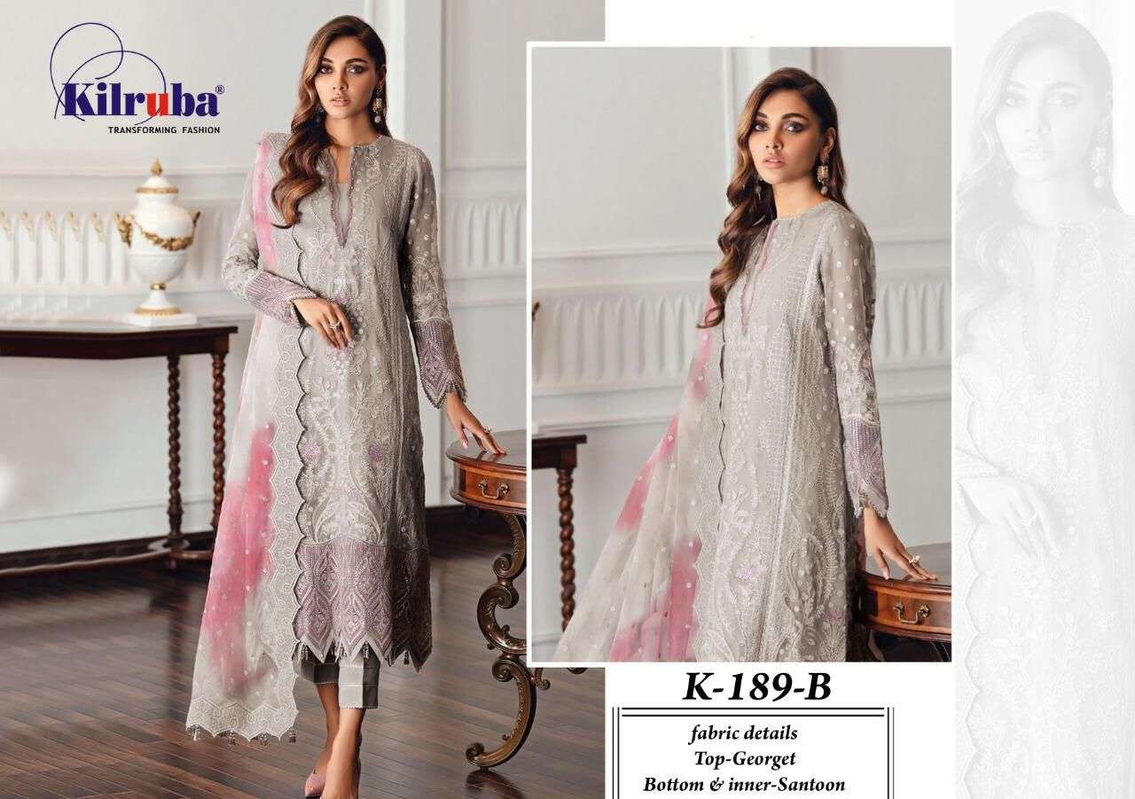 KILRUBA HIT DESIGN K-189 COLOURS BY KILRUBA K-189-B TO K-189-C SERIES DESIGNER FESTIVE PAKISTANI SUITS COLLECTION BEAUTIFUL STYLISH FANCY COLORFUL PARTY WEAR & OCCASIONAL WEAR GEORGETTE EMBROIDERED DRESSES AT WHOLESALE PRICE
