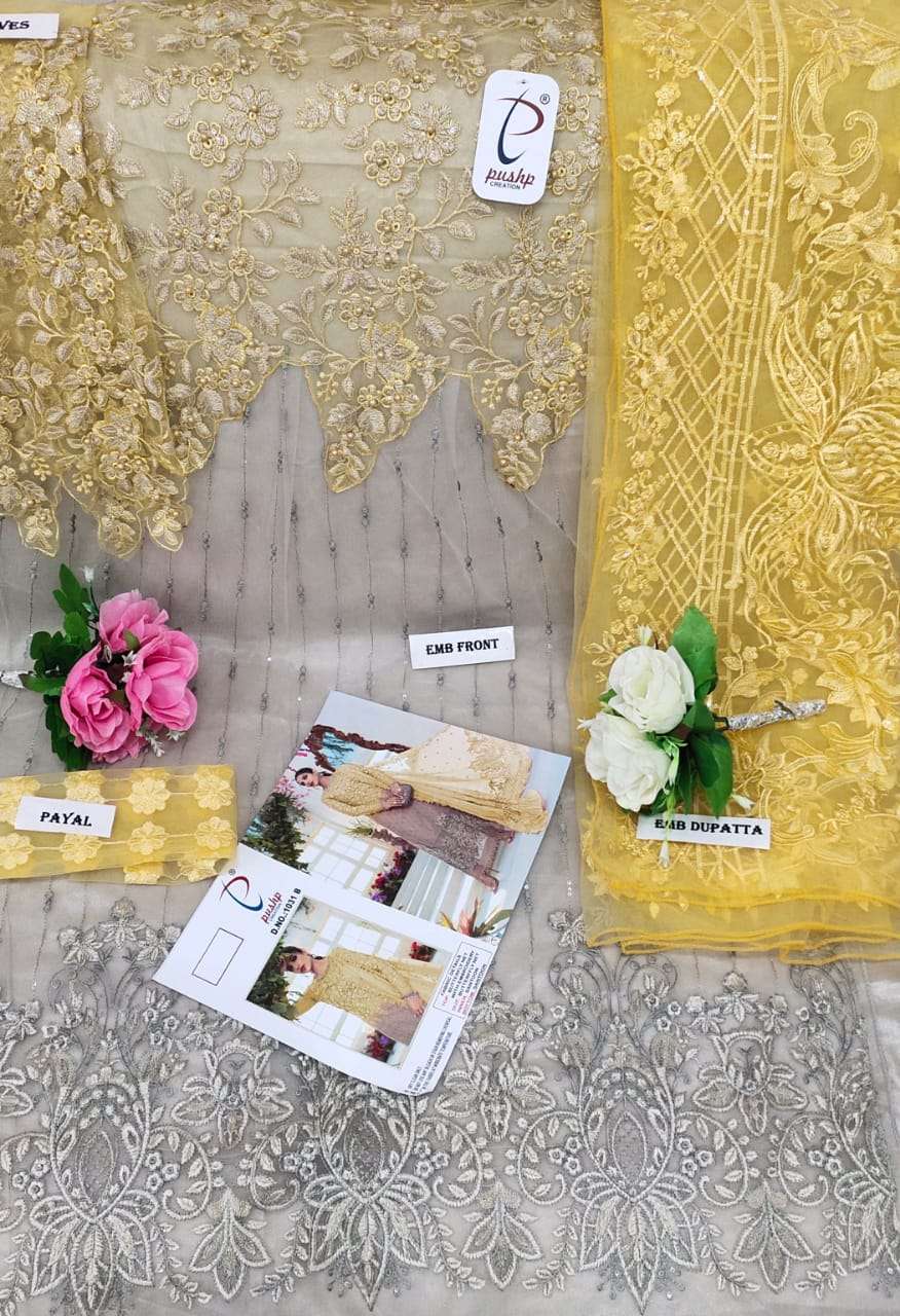 PUSHP HIT DESIGN 1031 COLOURS BY PUSHP CREATION 1031-A TO 1031-E SERIES DESIGNER PAKISTANI SUITS BEAUTIFUL STYLISH FANCY COLORFUL PARTY WEAR & OCCASIONAL WEAR NET EMBROIDERED DRESSES AT WHOLESALE PRICE