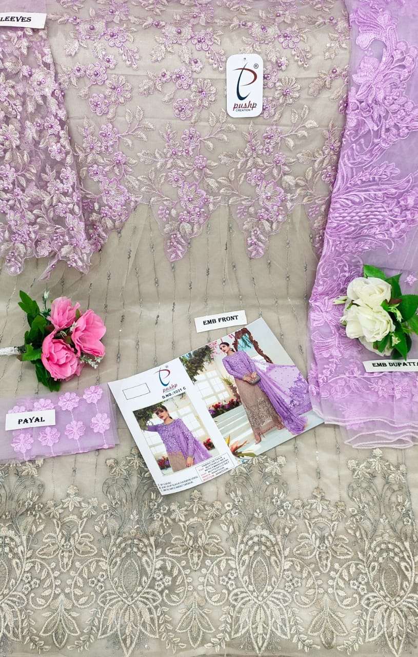 PUSHP HIT DESIGN 1031 COLOURS BY PUSHP CREATION 1031-A TO 1031-E SERIES DESIGNER PAKISTANI SUITS BEAUTIFUL STYLISH FANCY COLORFUL PARTY WEAR & OCCASIONAL WEAR NET EMBROIDERED DRESSES AT WHOLESALE PRICE