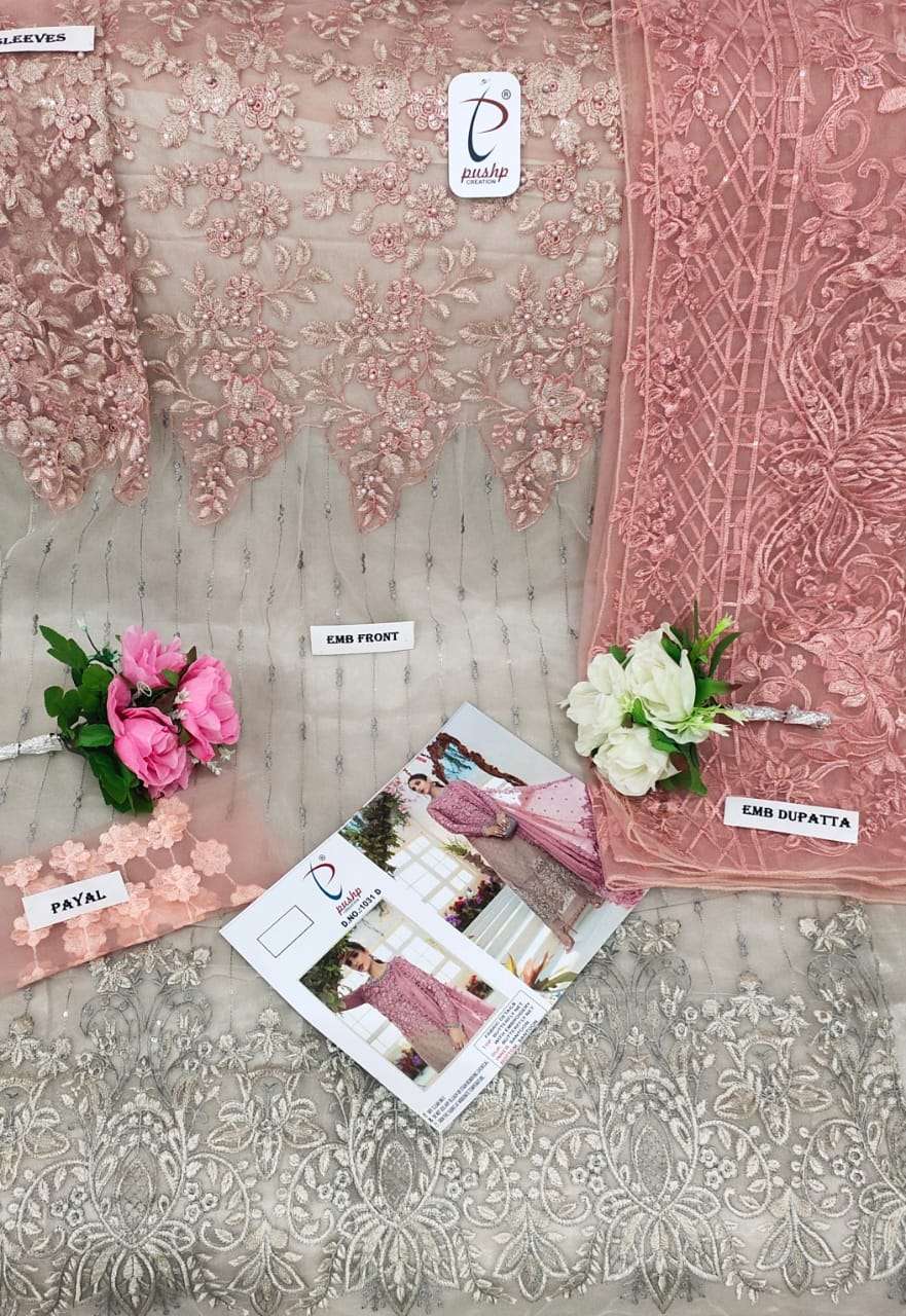 PUSHP HIT DESIGN 1031 COLOURS BY PUSHP CREATION 1031-A TO 1031-E SERIES DESIGNER PAKISTANI SUITS BEAUTIFUL STYLISH FANCY COLORFUL PARTY WEAR & OCCASIONAL WEAR NET EMBROIDERED DRESSES AT WHOLESALE PRICE