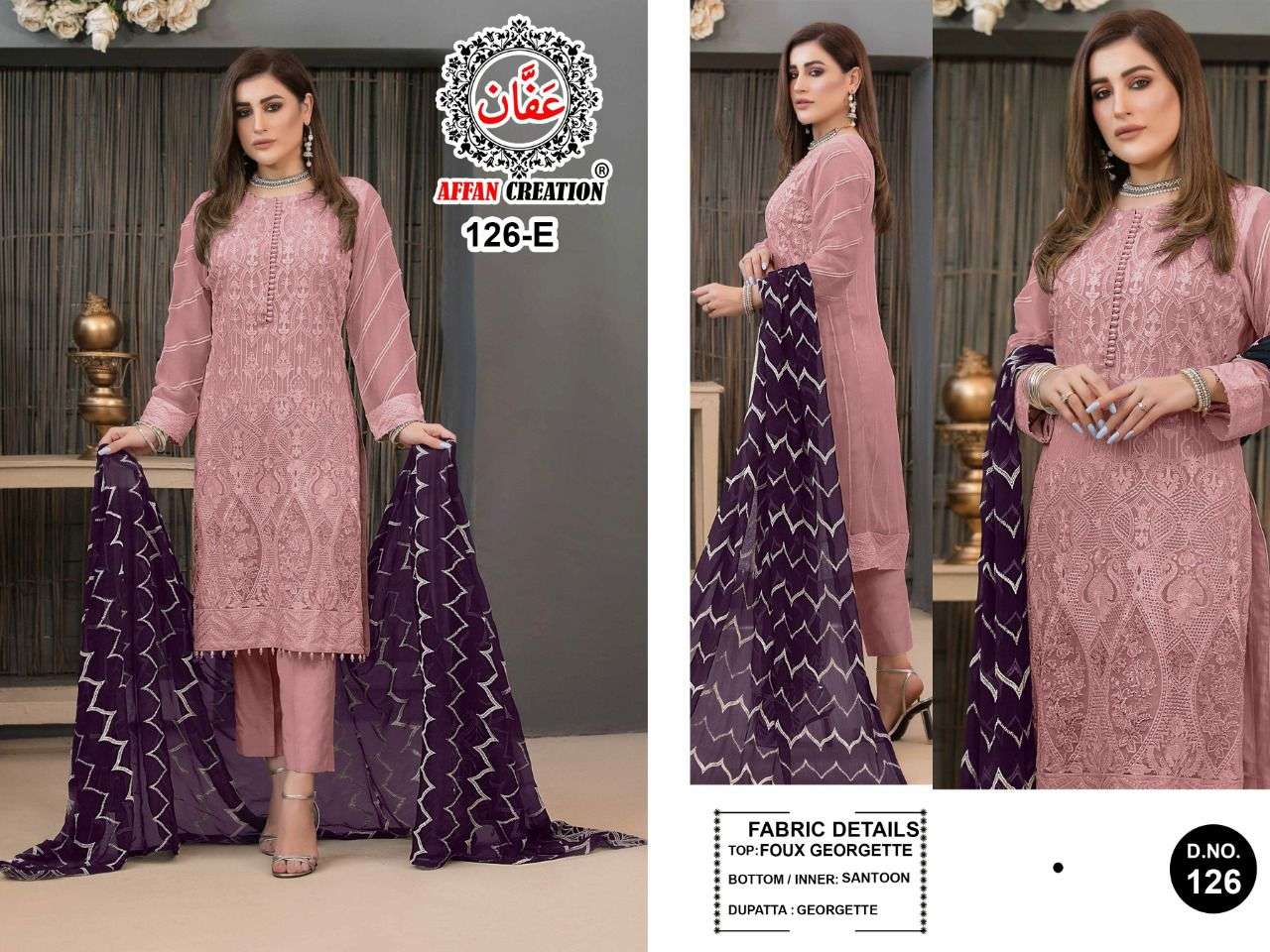 AFFAN CREATION HIT DESIGN 126 COLOURS BY AFFAN CREATION 126-E TO 126-H SERIES BEAUTIFUL PAKISTANI SUITS COLORFUL STYLISH FANCY CASUAL WEAR & ETHNIC WEAR FAUX GEORGETTE WITH EMBROIDERY DRESSES AT WHOLESALE PRICE