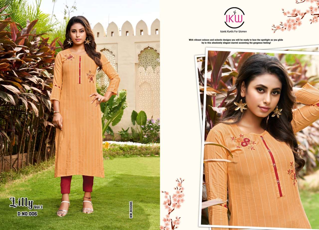 LILLY VOL-1 BY IKW 001 TO 008 SERIES DESIGNER STYLISH FANCY COLORFUL BEAUTIFUL PARTY WEAR & ETHNIC WEAR COLLECTION VISCOSE KURTIS AT WHOLESALE PRICE