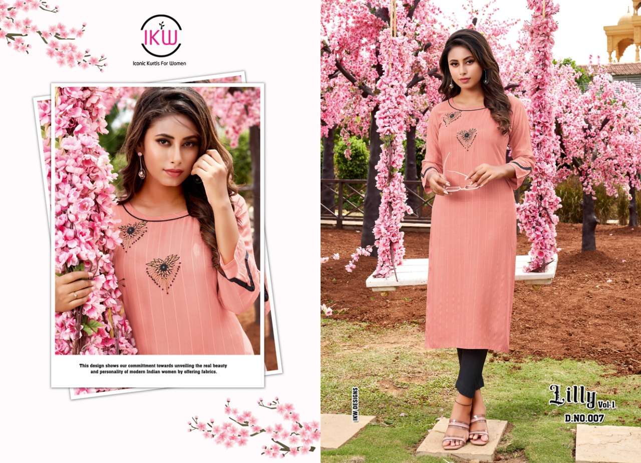 LILLY VOL-1 BY IKW 001 TO 008 SERIES DESIGNER STYLISH FANCY COLORFUL BEAUTIFUL PARTY WEAR & ETHNIC WEAR COLLECTION VISCOSE KURTIS AT WHOLESALE PRICE