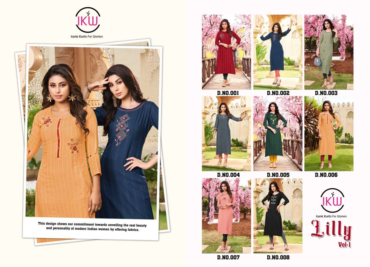 LILLY VOL-1 BY IKW 001 TO 008 SERIES DESIGNER STYLISH FANCY COLORFUL BEAUTIFUL PARTY WEAR & ETHNIC WEAR COLLECTION VISCOSE KURTIS AT WHOLESALE PRICE