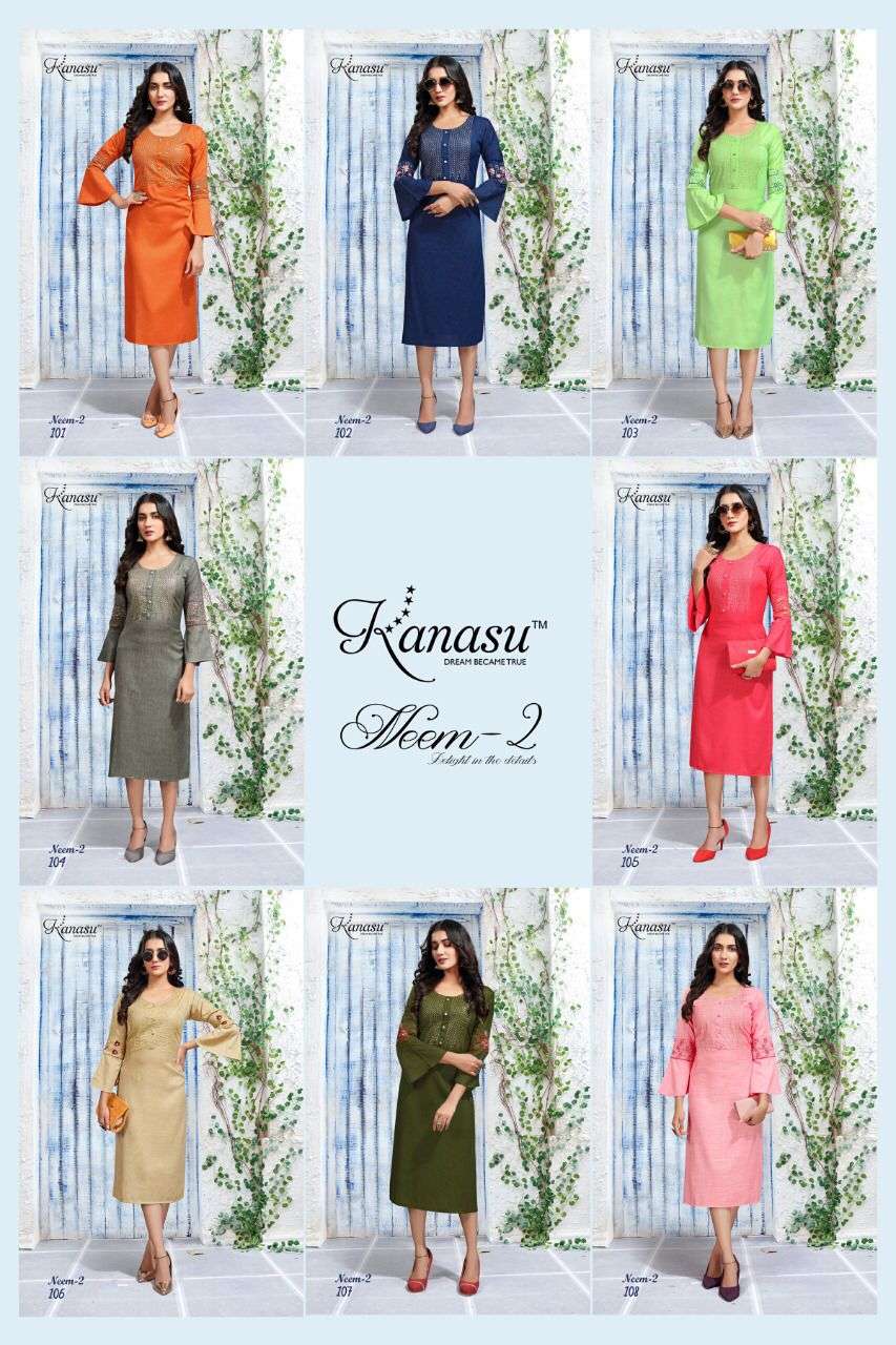 NEEM VOL-2 BY KANASU 101 TO 108 SERIES DESIGNER STYLISH FANCY COLORFUL BEAUTIFUL PARTY WEAR & ETHNIC WEAR COLLECTION PURE RAYON KURTIS AT WHOLESALE PRICE