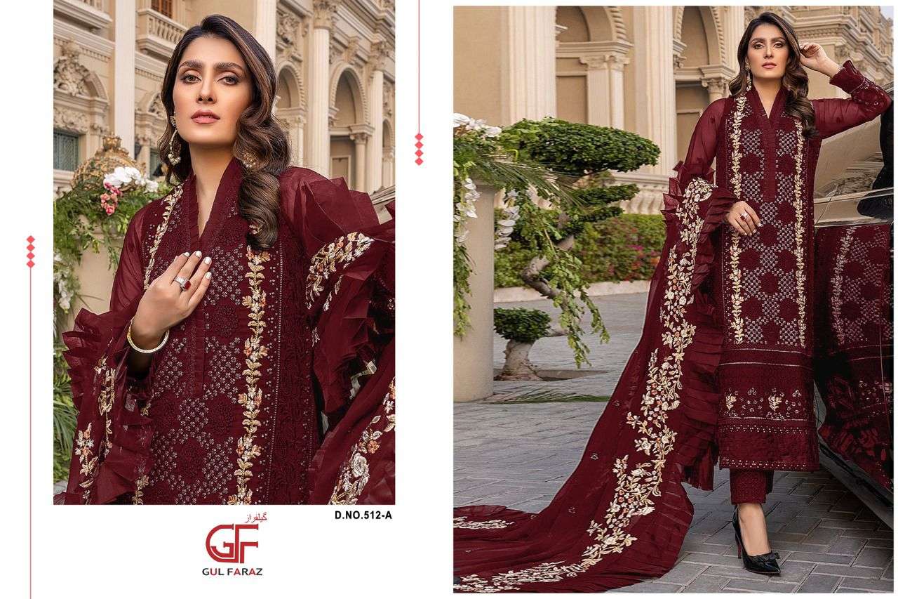 GUL FARAZ 512 COLOURS BY GUL FARAZ 512-A TO 512-D SERIES BEAUTIFUL PAKISTANI SUITS COLORFUL STYLISH FANCY CASUAL WEAR & ETHNIC WEAR NET EMBROIDERED DRESSES AT WHOLESALE PRICE