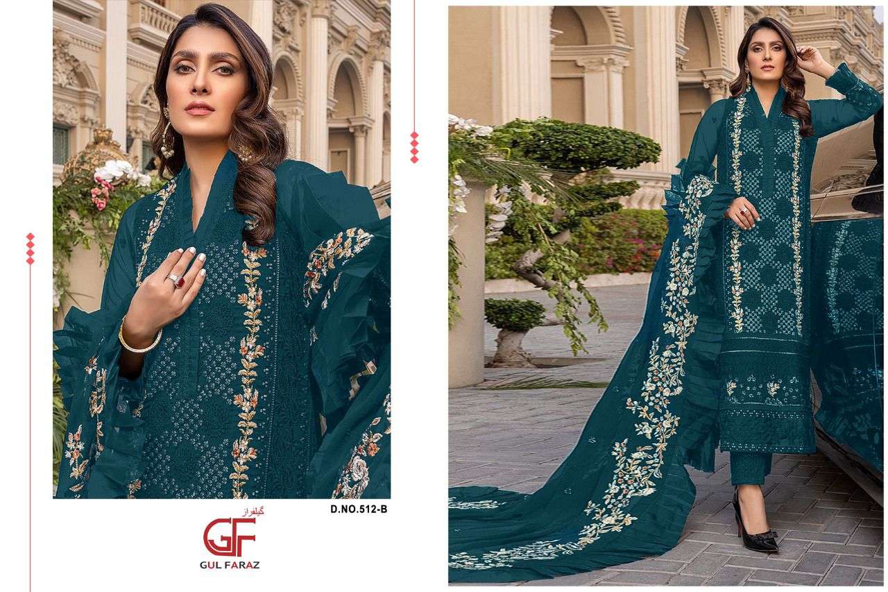 GUL FARAZ 512 COLOURS BY GUL FARAZ 512-A TO 512-D SERIES BEAUTIFUL PAKISTANI SUITS COLORFUL STYLISH FANCY CASUAL WEAR & ETHNIC WEAR NET EMBROIDERED DRESSES AT WHOLESALE PRICE