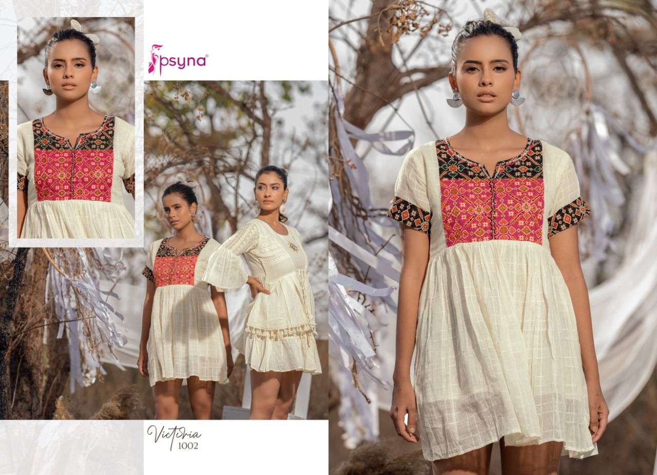 VICTORIA BY PSYNA 1001 TO 1006 SERIES DESIGNER STYLISH FANCY COLORFUL BEAUTIFUL PARTY WEAR & ETHNIC WEAR COLLECTION COTTON EMBROIDERED KURTIS AT WHOLESALE PRICE