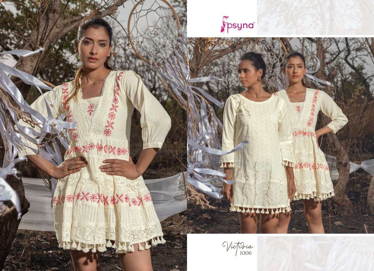 VICTORIA BY PSYNA 1001 TO 1006 SERIES DESIGNER STYLISH FANCY COLORFUL BEAUTIFUL PARTY WEAR & ETHNIC WEAR COLLECTION COTTON EMBROIDERED KURTIS AT WHOLESALE PRICE