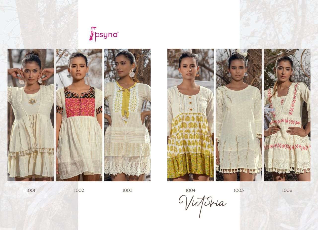 VICTORIA BY PSYNA 1001 TO 1006 SERIES DESIGNER STYLISH FANCY COLORFUL BEAUTIFUL PARTY WEAR & ETHNIC WEAR COLLECTION COTTON EMBROIDERED KURTIS AT WHOLESALE PRICE