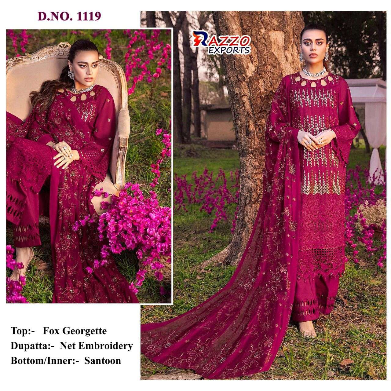 RAZZO VOL-6 HIT COLLECTION BY RAZZO EXPORTS 1119 TO 1121 SERIES DESIGNER BEAUTIFUL STYLISH PAKISATNI SUITS FANCY COLORFUL CASUAL WEAR & ETHNIC WEAR & READY TO WEAR FAUX GEORGETTE EMBROIDERY DRESSES AT WHOLESALE PRICE