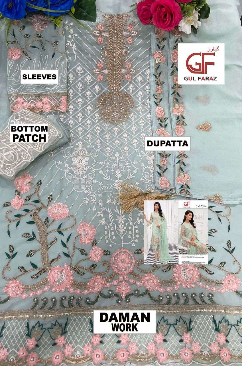 GUL FARAZ 520 COLOURS BY GUL FARAZ 520-A TO 520-D SERIES BEAUTIFUL PAKISTANI SUITS COLORFUL STYLISH FANCY CASUAL WEAR & ETHNIC WEAR FAUX GEORGETTE EMBROIDERED DRESSES AT WHOLESALE PRICE