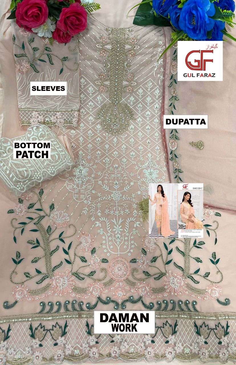 GUL FARAZ 520 COLOURS BY GUL FARAZ 520-A TO 520-D SERIES BEAUTIFUL PAKISTANI SUITS COLORFUL STYLISH FANCY CASUAL WEAR & ETHNIC WEAR FAUX GEORGETTE EMBROIDERED DRESSES AT WHOLESALE PRICE